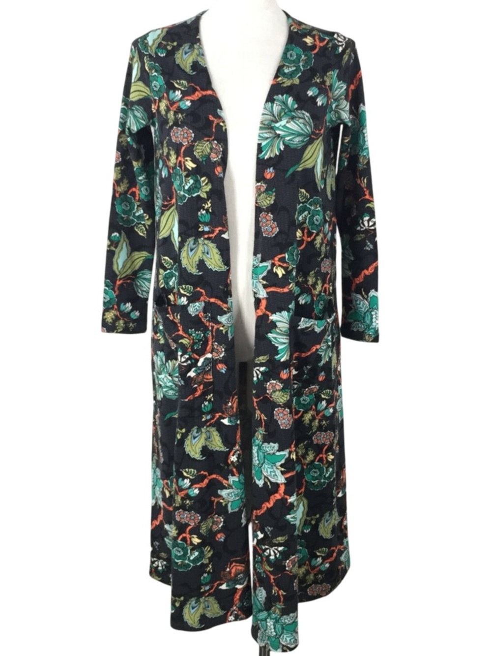🐢⚫️ Floral Open-Front Long Robe in Black, Green & Orange‎ ⚫️🐢